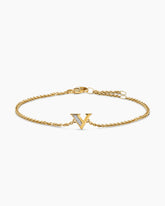 Petite Pavé Initial Chain Bracelet in 18K Yellow Gold with Diamond V